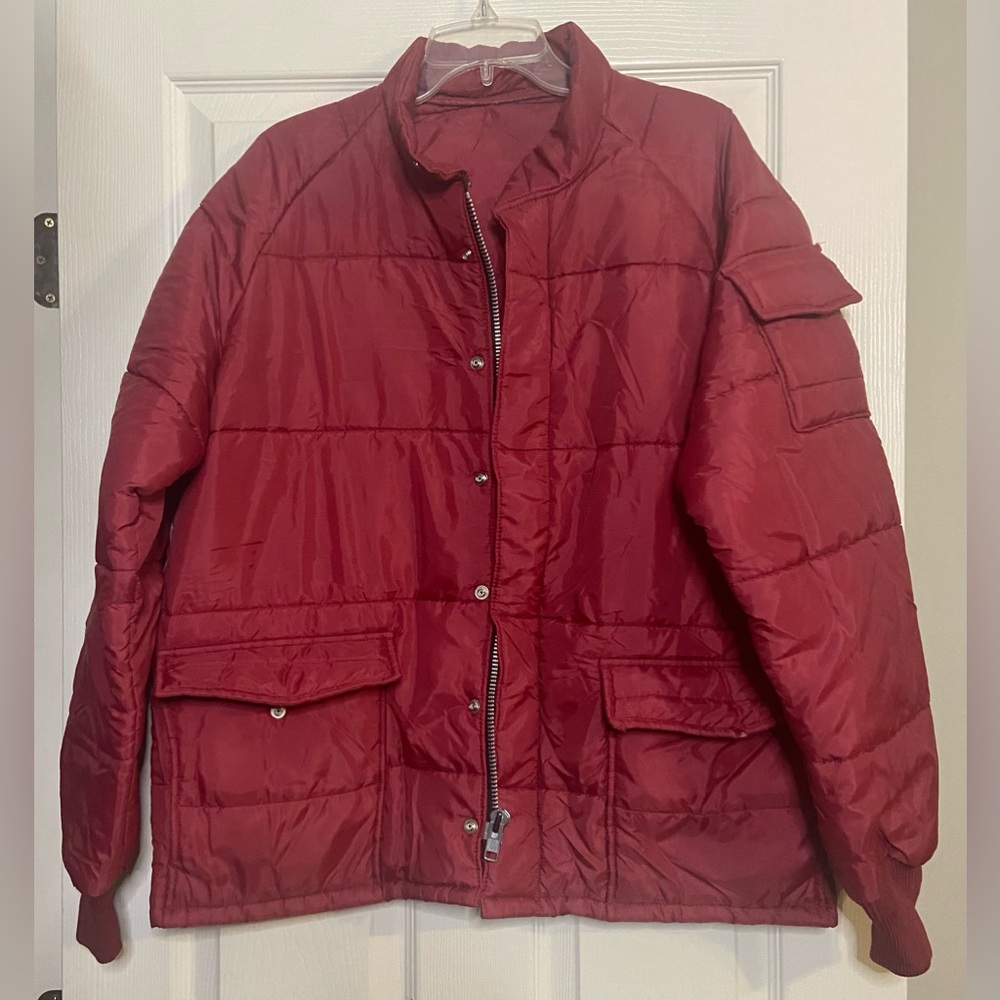 Vtg Quilted Uniform Jacket in Maroon by Pla-Jac Sz L 48 chest USA